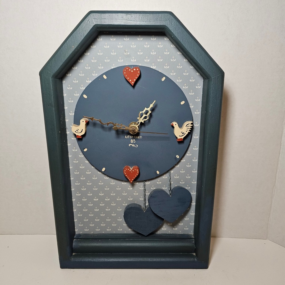 Vintage Wooden Wall‎ Clock Folk Art Hearts Chickens Country Blue Cottagecore